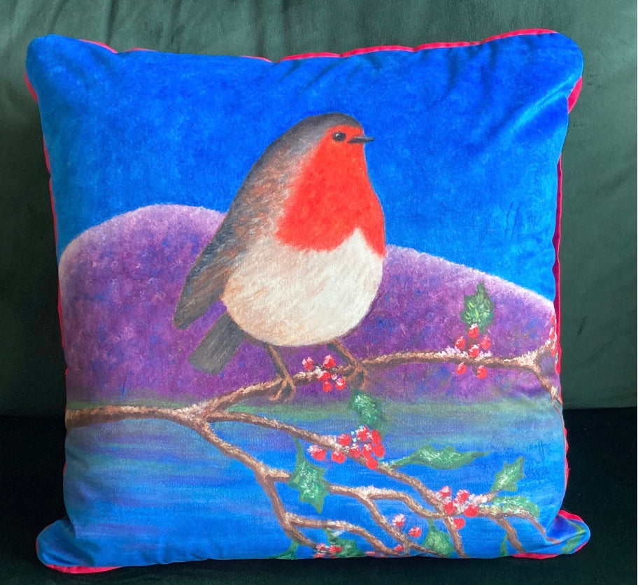 "Winter Robin" New Luxurious Velvet Cushion (With Washable Duck Feather Filler)